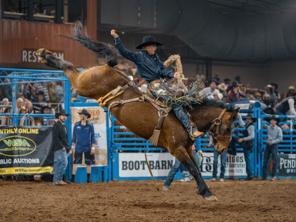 A saddle bronc rider wearing a black cowboy hat, navy shirt, and chaps holds his rein in one hand and raises his free arm high as his bay horse bucks dramatically, hindquarters launching into the air. The action takes place inside an indoor rodeo arena with a packed crowd watching from the stands. Sponsor banners for Boot Barn, WSM Auctioneers, and Pendleton Whisky line the arena fence, with arena staff visible along the rails in the background.